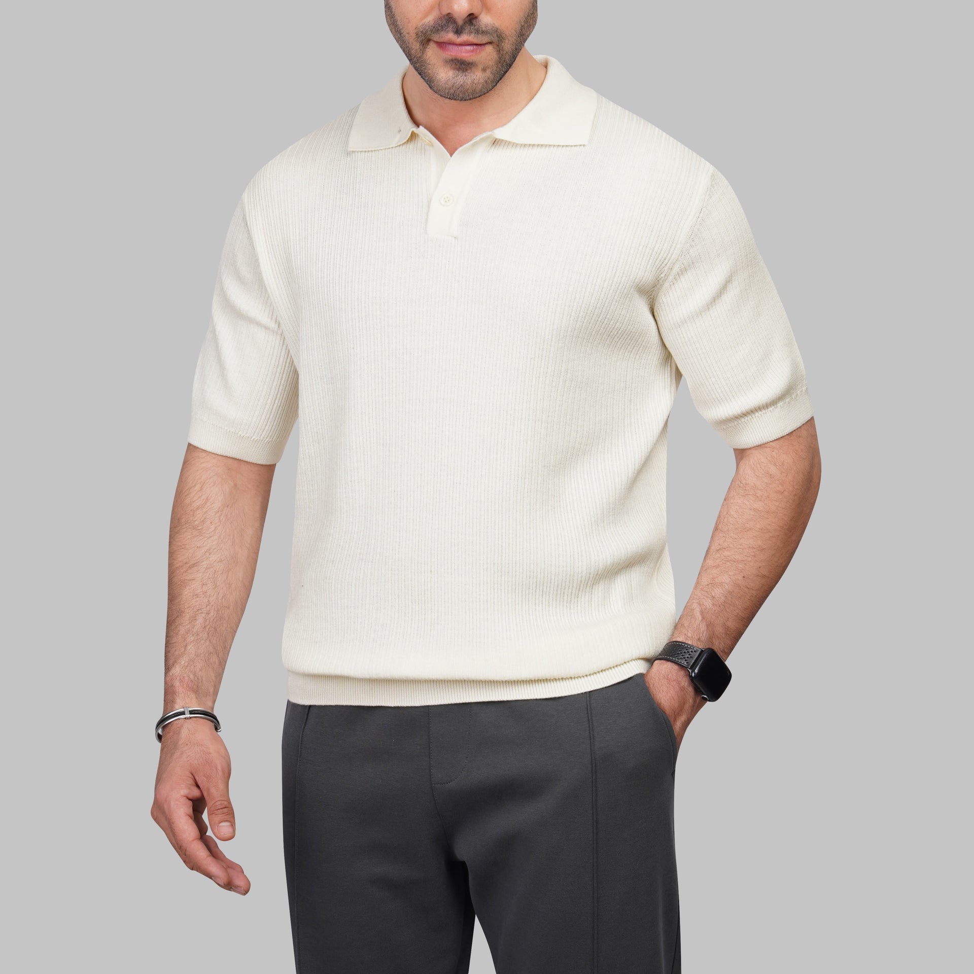 Ribbed Knit Polo Shirt